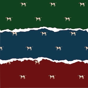 May include: A repeating pattern of brown and white dogs on a background of green, blue, and red. The design has a torn paper effect, with white edges separating the colours. The dogs are in a standing pose.