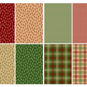 May include: Eight different Christmas themed patterns in red, green, and brown. The patterns include plaid, gingham, and small Christmas trees.