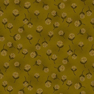 May include: A seamless pattern of small yellow flowers with black centers on a mustard yellow background.