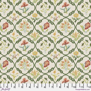 May include: A seamless fabric pattern featuring a repeating design of green vines and floral motifs in shades of red, yellow, and blue on a cream background.