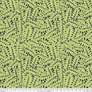 以下が含まれることがあります： 黒い背景に緑の葉が繰り返しデザインされたシームレスパターン。葉はスタイリッシュで幾何学的な形をしています。