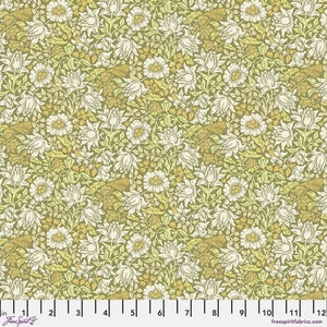 May include: A green fabric with a white floral pattern. The pattern features a variety of flowers and leaves, all outlined in white. The fabric is a repeating pattern.