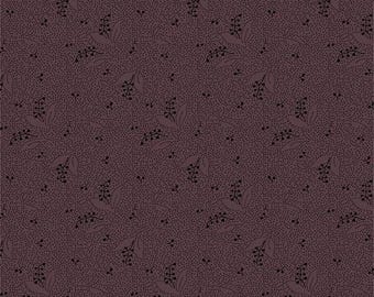 May include: A seamless pattern with a dark brown background and a repeating pattern of small black floral sprigs.