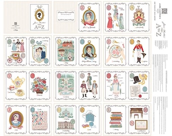 May include: A collection of Jane Austen themed cards, featuring illustrations and text. The cards are arranged in a grid, with images of characters, objects, and scenes from Austen's novels. The text includes "Jane Austen's A to Z".