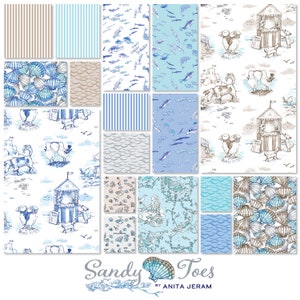May include: A collection of 12 fabric squares featuring various blue and brown patterns. The patterns include seashells, fish, stripes, and a seaside scene with a dog and birds. The fabric squares are labeled "Sandy Toes by Anita Jeram".
