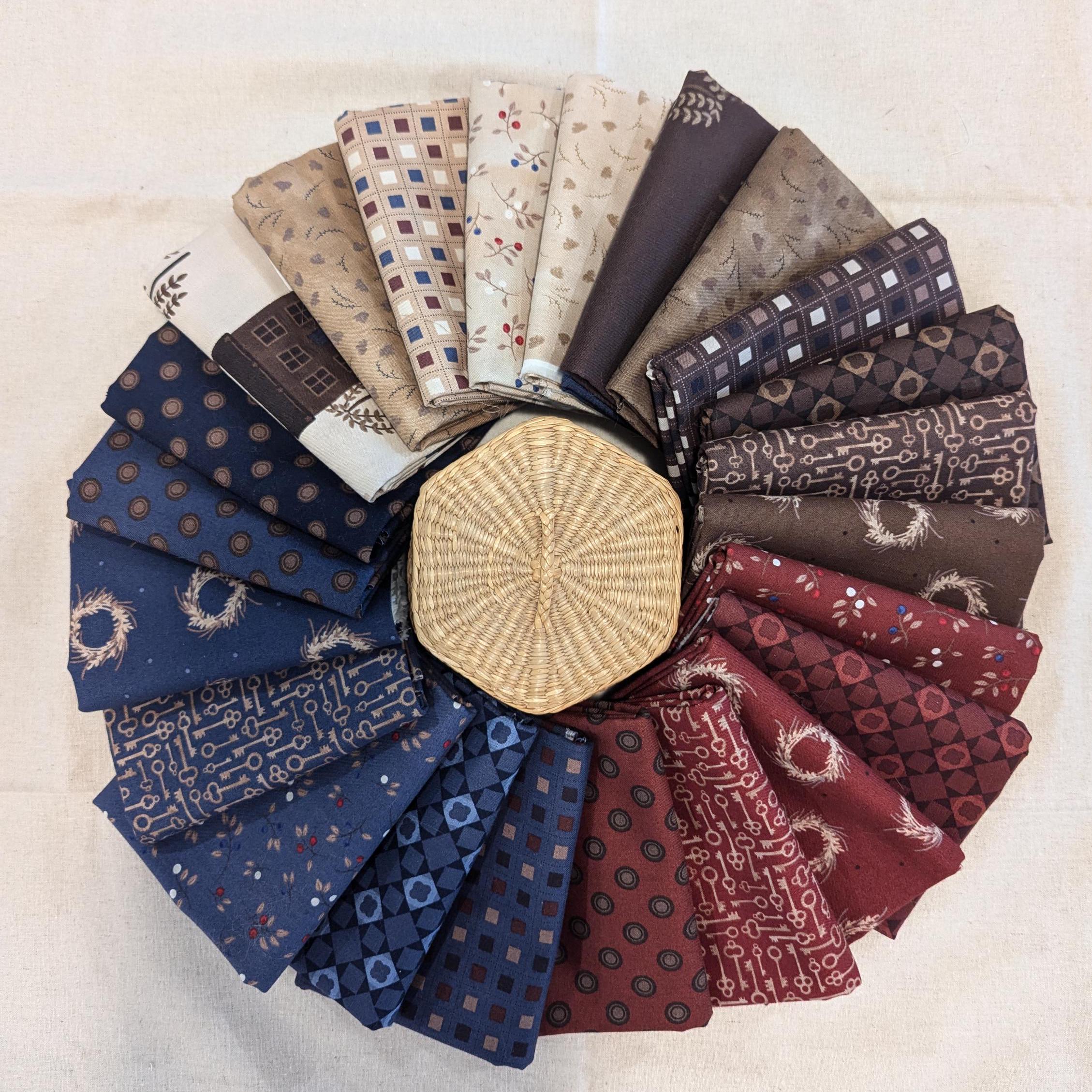 Huckleberry Saltbox -  Build Your Own FQ  Bundle - Karen Walker for Riley Blake Design - Brown, Barn Red, Blue, Tan