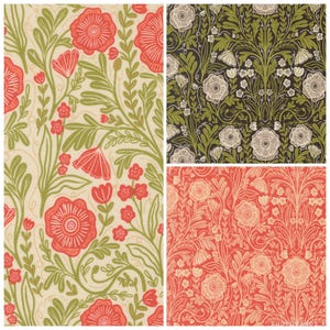 May include: A collage of three floral patterns featuring stylised flowers and leaves. One pattern has red flowers on a cream background, another has white flowers on a dark brown background, and the third has cream flowers on a red background.
