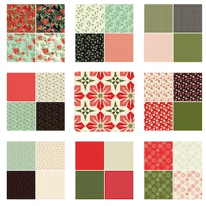 May include: A collection of 12 different Christmas fabric patterns featuring a variety of designs, including snowflakes, poinsettias, holly, and plaid. The fabrics are in a variety of colors, including red, green, white, and black.