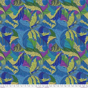 May include: A blue background with a repeating pattern of stylized leaves in shades of blue, green, yellow, and pink.