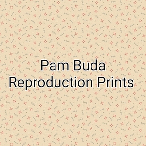 May include: A beige background with a repeating pattern of small red star-like shapes and black dots. The text "Pam Buda Reproduction Prints" is centered on the image in black font.