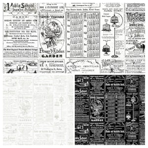 Op de afbeelding: Een zwart-witte collage van vintage advertenties voor verschillende producten en diensten, waaronder een tekencursus op een openbare school, een boek- en kantoorboekhandellijn, bloem- en groentesoorten, een nieuwe boekhandel, een zaadbedrijf voor naaien en een typemachine. De advertenties zijn in een rasterpatroon gerangschikt en bevatten tekst, illustraties en afbeeldingen.