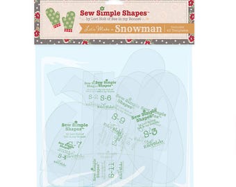 Puede incluir: Un paquete de plantillas de costura de plástico transparente para un muñeco de nieve, etiquetado como "Sew Simple Shapes". El paquete incluye 43 plantillas. La parte superior del paquete tiene un borde decorativo con mitones y el texto "Let's Make a Snowman."