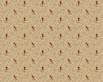 May include: A seamless pattern featuring small red flowers with green stems and leaves on a beige background.