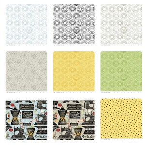 May include: A collection of 10 fabric swatches featuring various patterns, including polka dots, stars, and sewing-themed designs. The swatches are arranged in a grid of 3 rows and 3 columns. The fabric swatches are all different colors, including blue, green, yellow, and black.