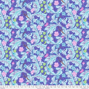 May include: A seamless pattern featuring a repeating design of blue, green, and pink floral motifs on a purple background. The design is reminiscent of a traditional wallpaper pattern.
