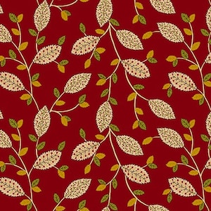 Könnte beinhalten: Ein nahtloses Muster mit einem sich wiederholenden Design aus stilisierten Blättern in Grün-, Creme- und Rottönen. Die Blätter sind in einem fließenden, organischen Muster auf einem tief roten Hintergrund angeordnet.