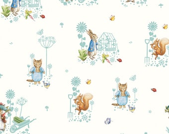 Peter Rabbit - By the Half Yard - Peter's Garden Ben's Wheelbarrow- 2999-04 Organic Cotton - Benjamin Bunny - Tom Kitten - Squirrel Nutkin