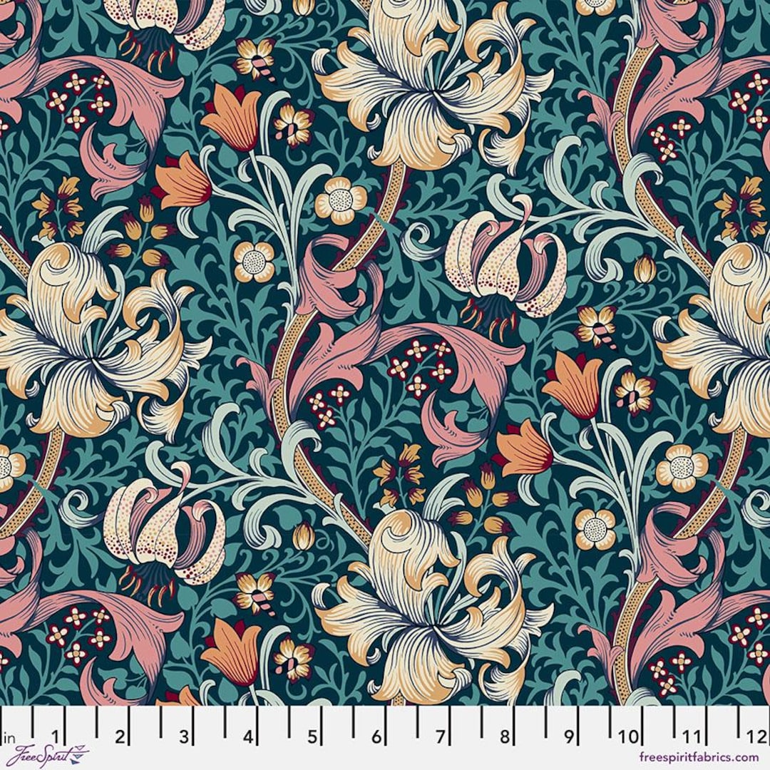 Red House Collection -golden Lily Teal - by the Half Yard - the