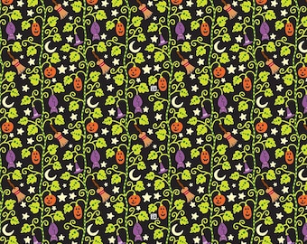 May include: Black fabric with a Halloween pattern. The design includes orange jack-o'-lanterns, purple witch hats, and brown broomsticks, alongside white stars and crescent moons. Green vines with leaves connect the elements.
