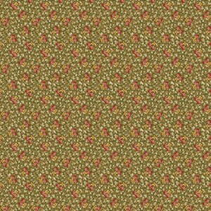 Könnte beinhalten: Ein nahtloses Muster mit einem sich wiederholenden Design aus kleinen roten und gelben Blumen auf grünem Hintergrund.