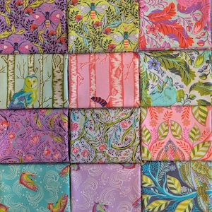 May include: A collection of fabric squares with various floral and nature-themed patterns. Designs include butterflies, bees, owls, trees, and stylized floral arrangements. Colors range from purple and pink to green and blue, creating a vibrant and colorful display.