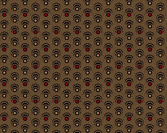 May include: A black background with a repeating pattern of small gold circles and larger red circles. The circles are arranged in a semi-circular pattern.