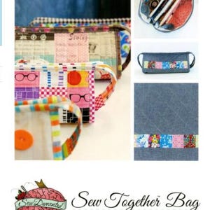 May include: A collection of quilted fabric zipper pouches featuring colorful patchwork designs, including patterns with glasses and geometric shapes. The image includes a logo with a brain illustration and the text Sew Demented Sew Together Bag.