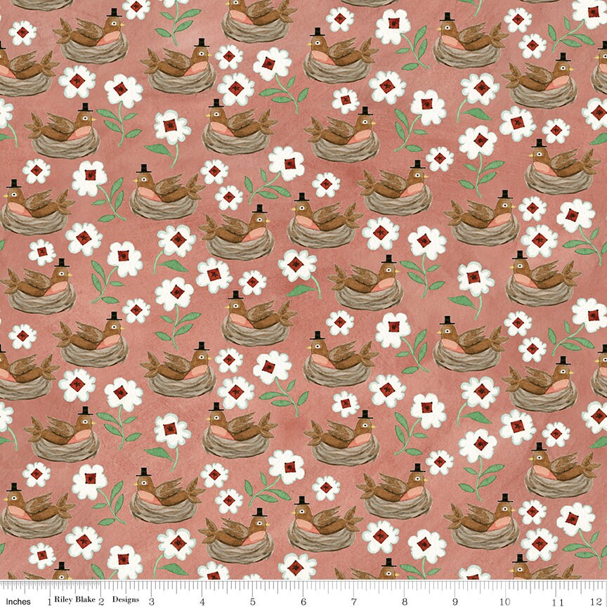 Hop Hop Hooray  - Coral Robin's Nest - By the Half Yard - Teresa Kogut - Riley Blake Designs - C14273 Coral