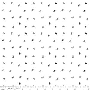 May include: White fabric with a repeating pattern of black spools of thread.