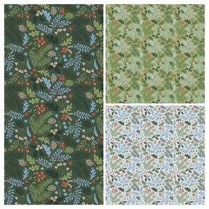 May include: Three panels of fabric with a repeating pattern of winter foliage. The patterns feature pine needles, berries, and leaves in shades of green, blue, and red. The overall theme is a festive, holiday design.