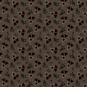 May include: A seamless pattern featuring black, red, and gold triangles and leaves on a black background. The triangles are made up of small dots.