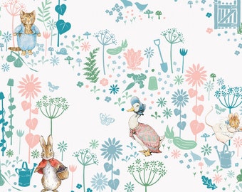 Last Piece - Peter Rabbit - 16" x 43" -  Garden Path - 2999-01 Organic Cotton - Benjamin Bunny - Flopsy - Squirrel Nutkin -Jemima Puddleduck