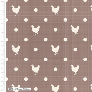 May include: A brown fabric with a white polka dot pattern and a white silhouette of a chicken repeated throughout the fabric. The fabric has a subtle woven texture. The text "2987 - 07 Brown Chicken" is printed at the bottom of the fabric.