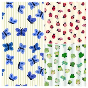 May include: Four patterned designs featuring insects and animals. One pattern has blue butterflies on a cream background with vertical stripes. Another has red ladybirds on a cream background with vertical stripes. The third has green frogs on a blue and white striped background.