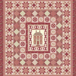 May include: A rectangular quilt featuring a central illustration of a house with a red door, surrounded by concentric borders of red and pink fabric squares, circles, and star patterns. The design uses a repeating color palette of deep red, light pink, and cream.