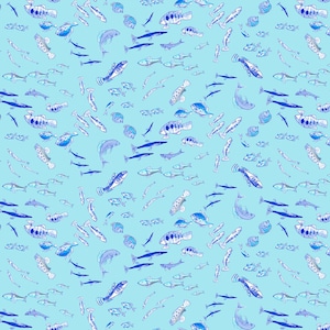 Puede incluir: Un patrón sin costuras que presenta una variedad de peces azules sobre un fondo azul claro. Los peces están dibujados de forma simple y estilizada e incluyen diferentes formas y tamaños.
