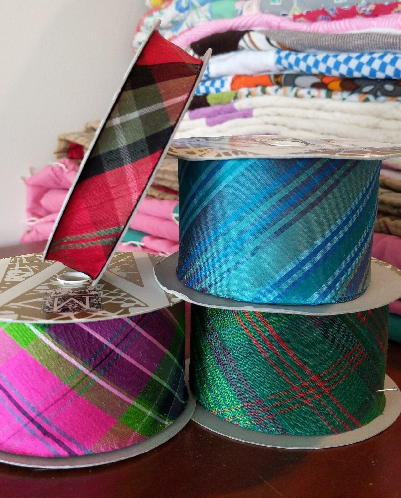Midori Plaid Dupioni Silk Ribbon - 2 Inches or 3/4 Inch Wide - Sea