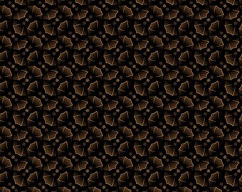 May include: A seamless pattern with a repeating design of brown stylized flowers on a black background.