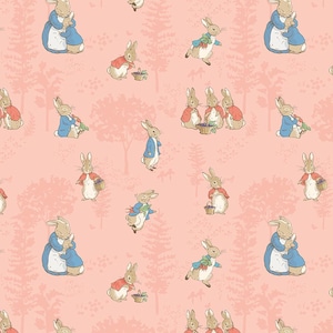 May include: A pink background with a repeating pattern of Peter Rabbit characters. The characters are in various poses, including holding carrots, baskets, and flowers. The background is a light pink with a subtle pattern of trees and leaves.