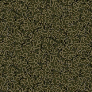 May include: A seamless pattern featuring a repeating design of stylized black leaves and flowers on a dark green background. The leaves and flowers are outlined in black and filled with a light brown color.