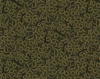 May include: A seamless pattern featuring a repeating design of stylized black leaves and flowers on a dark green background. The leaves and flowers are outlined in black and filled with a light brown color.
