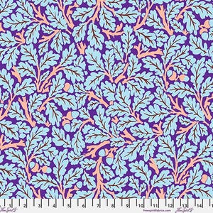 以下が含まれることがあります： 紫色の背景に、青とピンクのオークの葉が描かれたシームレスなパターン。葉はスタイリッシュで、ヴィンテージな雰囲気です。