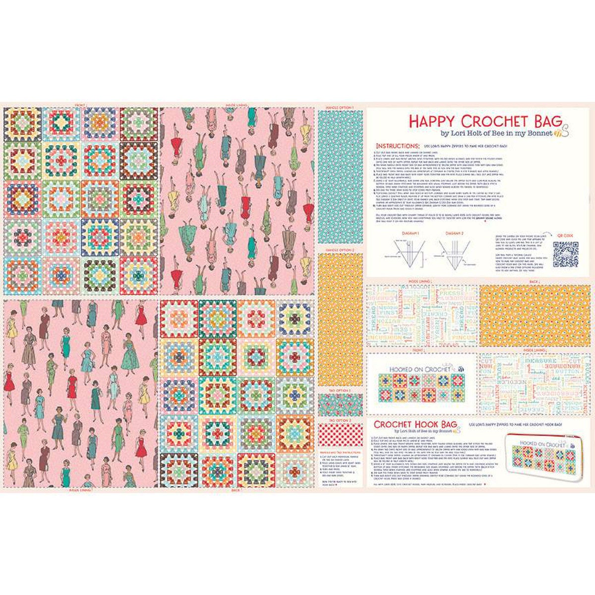 Happy Crochet Bags Zippy Bag Kit - Makes 2 Bags - Lori Holt My Happy Place Zippy Bag Panel and Zipper Kit - Lightweight Canvas