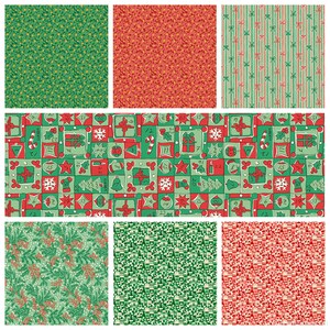 Può includere: Una collezione di otto campioni di tessuto con motivi natalizi in rosso, verde e crema. I disegni includono foglie di agrifoglio, piccole stelle, strisce verticali con fiocchi e una griglia di quadrati numerati con regali e decorazioni.