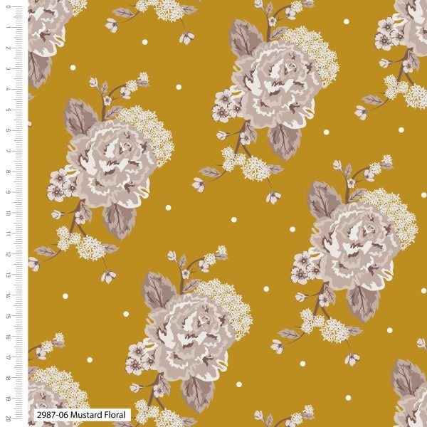 Mustard Floral - Organic Cotton By the Half Yard - Blue Skies and Nutmeg by Stuart Hillard Collection for Make + Believe Fabrics