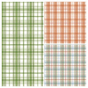 May include: Four different plaid patterns in a square format. The patterns include green and white, red and white, and a combination of blue, green, and red on a white background. The designs are suitable for fabric or wallpaper.