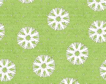 May include: Green fabric with a white snowflake pattern. The fabric has a textured surface that resembles a basketball.