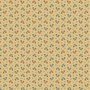 May include: A beige fabric with a repeating pattern of small blue and red flowers and five-pointed stars.