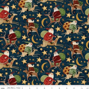May include: A blue fabric with a repeating pattern of Santa Claus riding reindeer through a starry night sky. The fabric features a whimsical, hand-painted style with gold stars, moons, and reindeer.