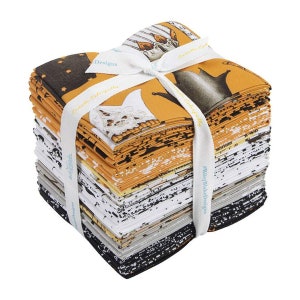 May include: A stack of 42 fat quarters of fabric featuring a Halloween theme. The fabric is a mix of black, white, yellow, and gray with various spooky designs. The fabric is tied together with a white ribbon and the text "#RileyBlakeDesigns" is printed on the ribbon.